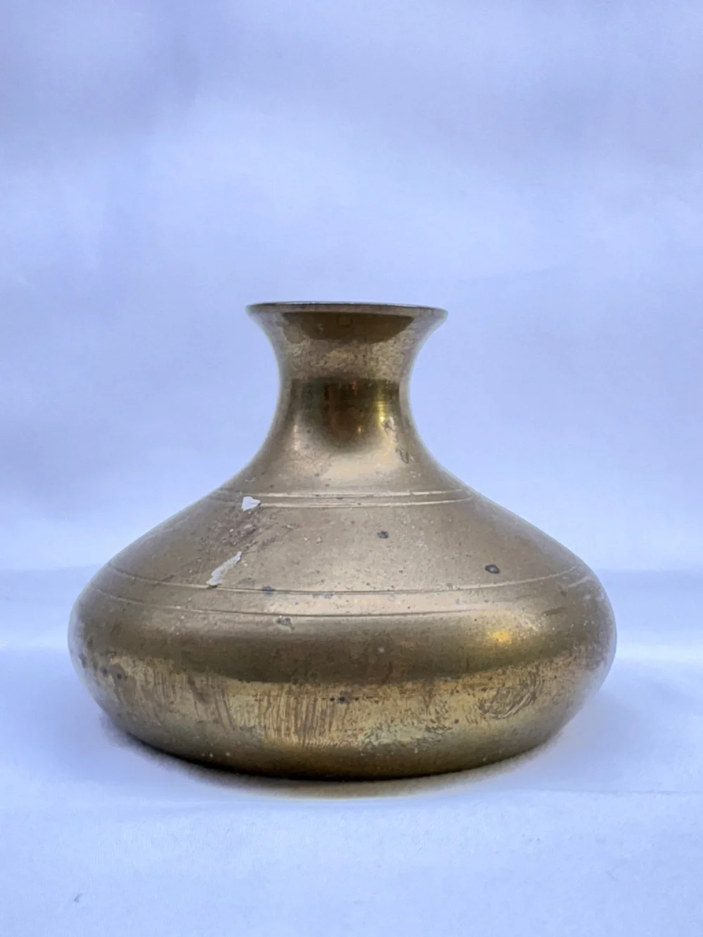Vintage Brass Squat Bud Vase Small Round Etched Line Pot Home Decor